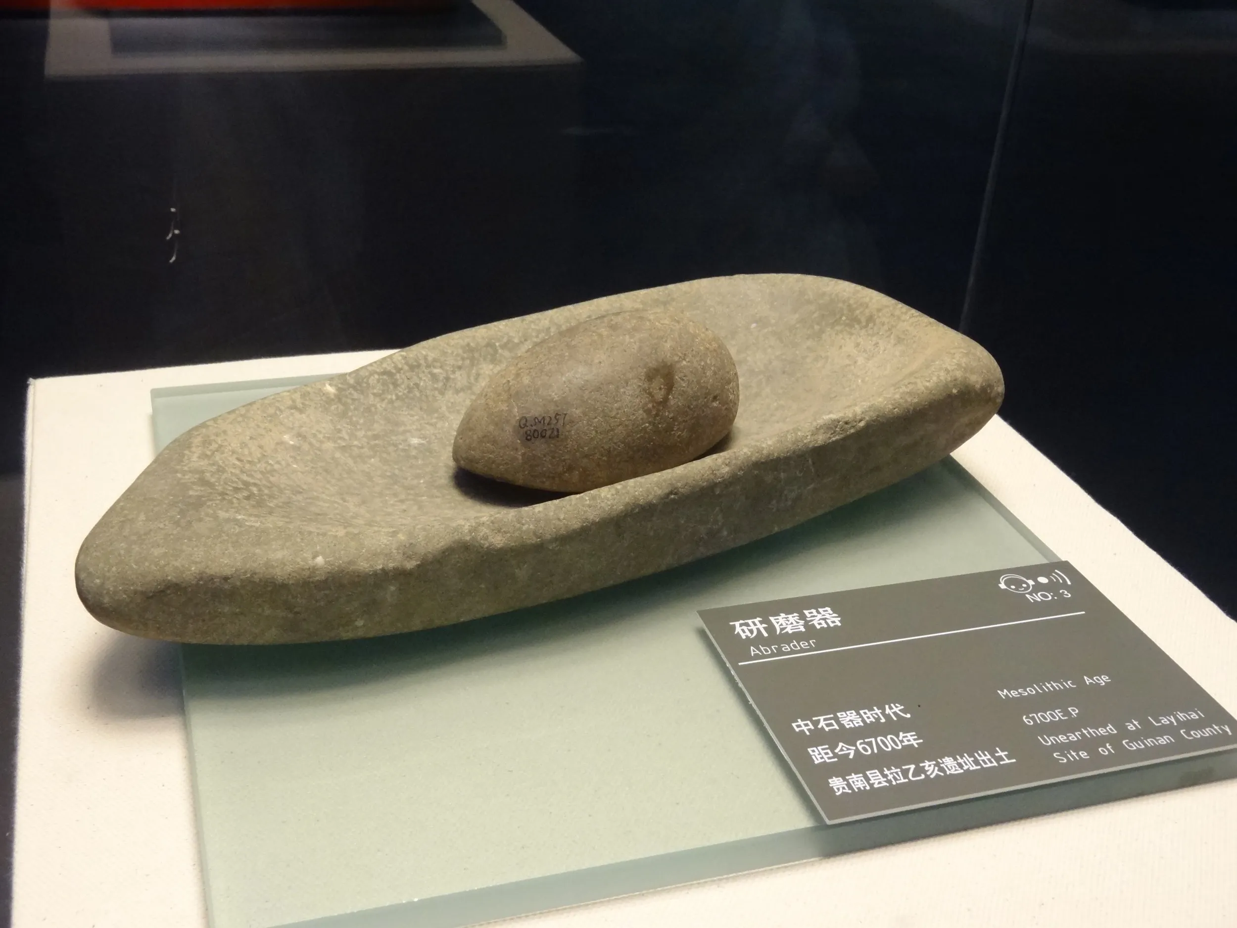 中石器時代の研磨器の展示